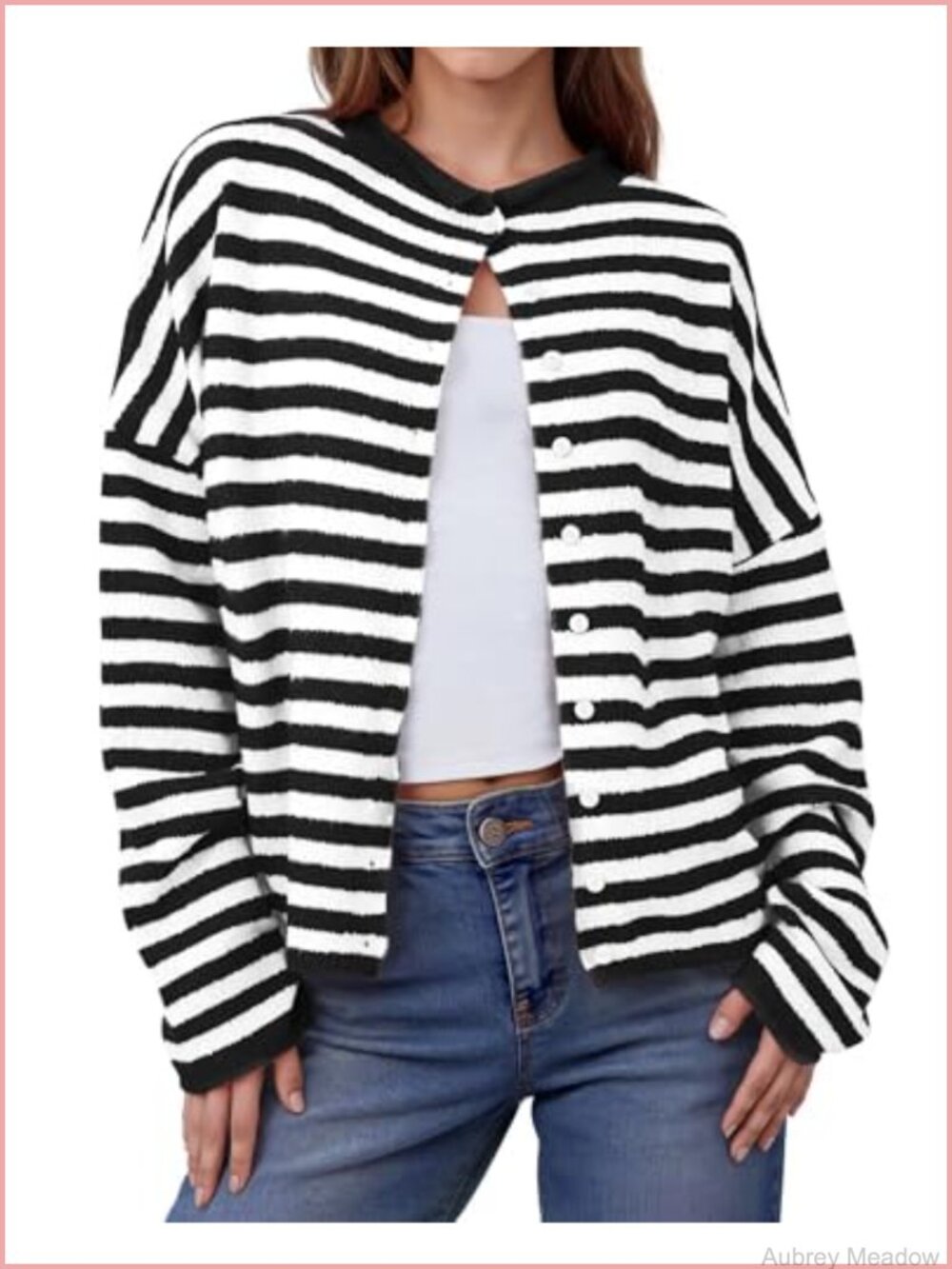 Womens Striped Button Up Cardigan Lightweight Long Sleeve Loose Knit Sweater